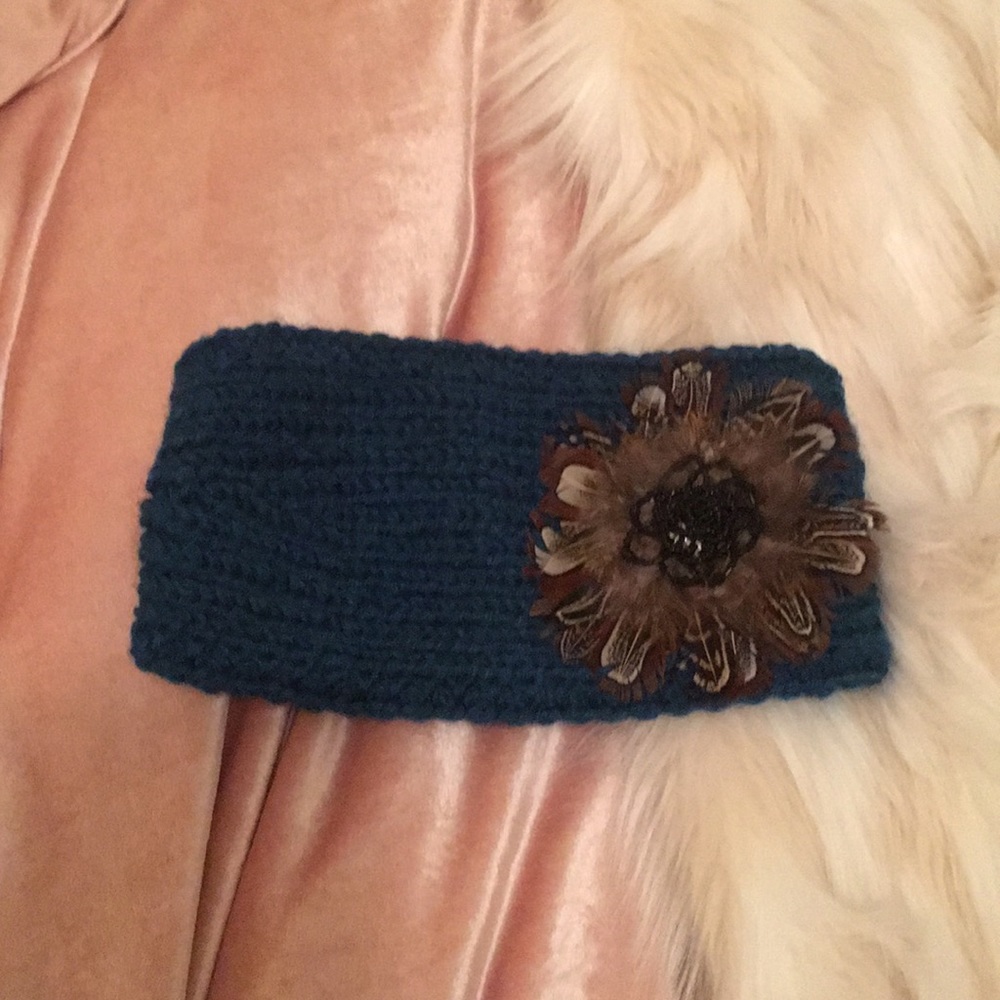 Teal Ear Warmer Headband with Feather Flower